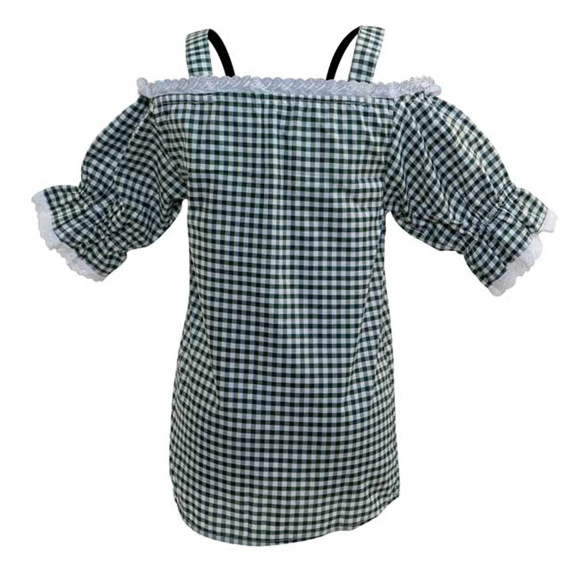 Women's gingham off-shoulder blouse with ruffled trim and puff sleeves, button front