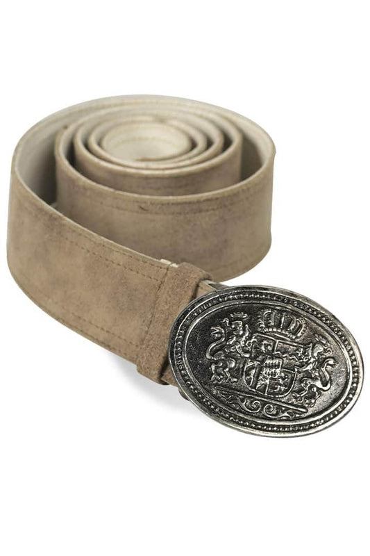 Beige suede-look belt with oval silver-toned buckle featuring coat-of-arms crest