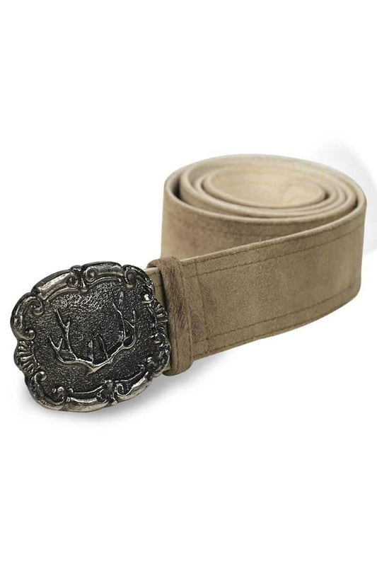 Tan leather lederhosen belt with dark metal deer-antler buckle