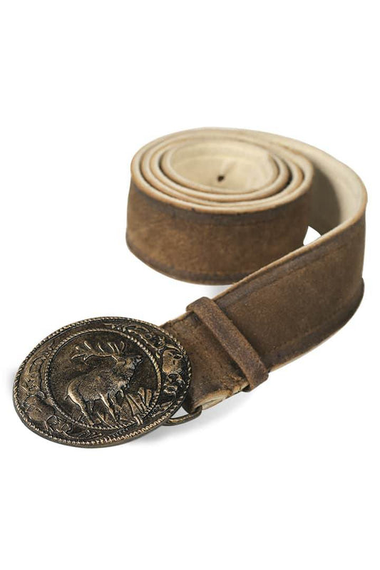 Brown leather trachten belt with oval antique-look deer buckle and looped strap