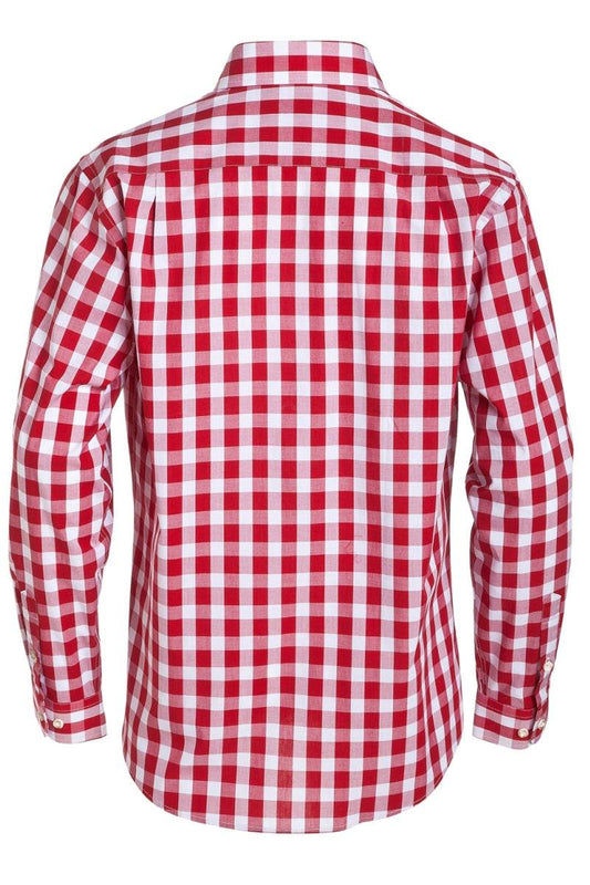 Men's red and white checkered long-sleeve button-up shirt, back view