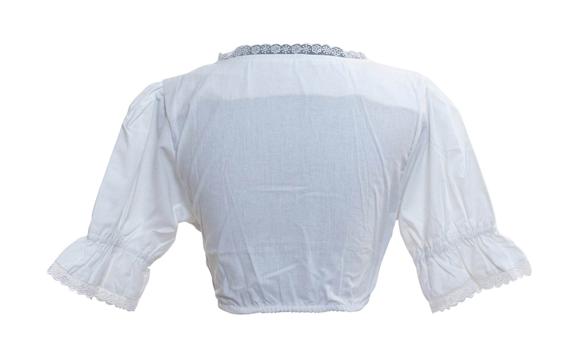 White dirndl blouse back view with gathered waist, blue-trim neckline and lace cuffs