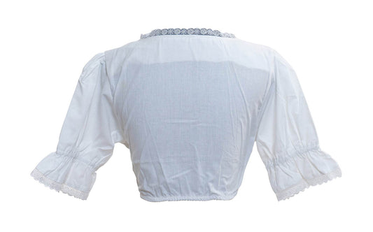 White dirndl blouse back view with gathered waist, blue-trim neckline and lace cuffs