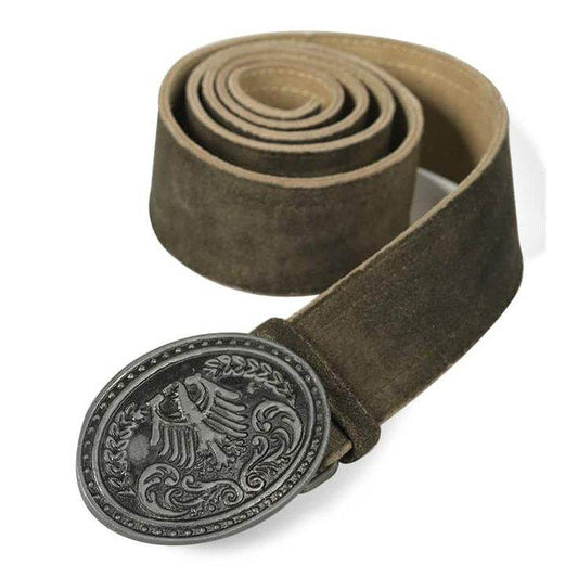Men’s suede leather belt, oval engraved buckle, rolled dark olive strap