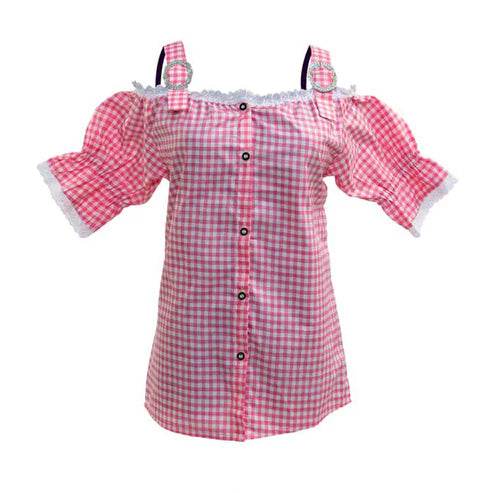 Pink checkered off-shoulder shirt with ruffled sleeves and dark button front