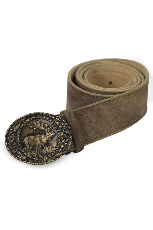 Men's tan leather trachten belt, long end with round animal-motif buckle