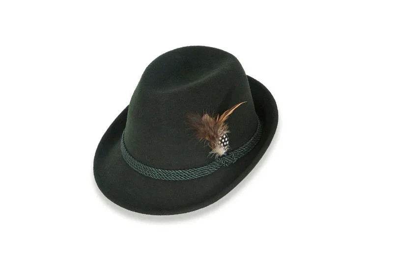 Men's traditional alpine felt hat, dark with green band and feather badge
