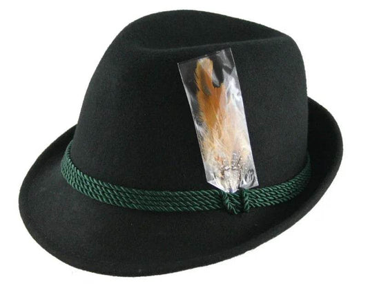 Men's alpine felt hat with green braided band and feather detail, dark felt