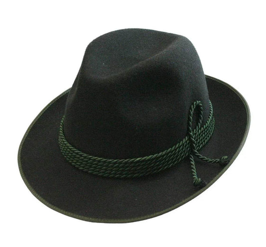 Men's wide-brim felt hat with green braided cord band, dark color
