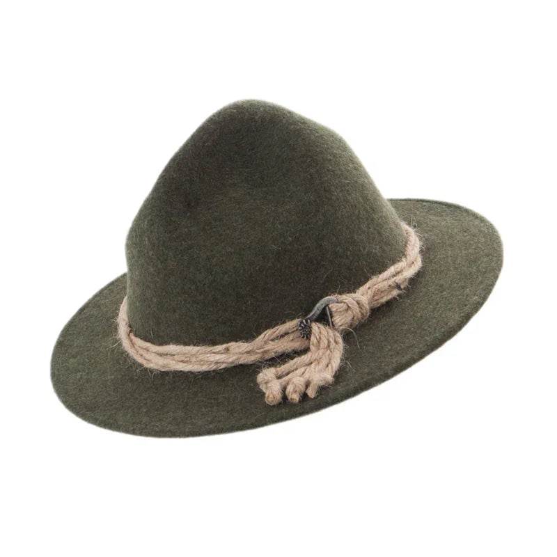 Dark green felt hat with braided cord band and soft wide brim