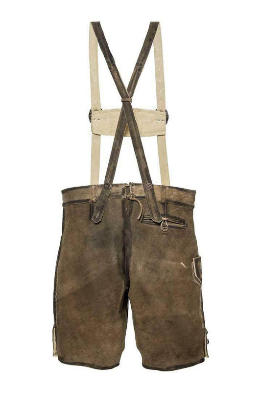 Men's dark brown leather lederhosen with side straps and blue embroidered details