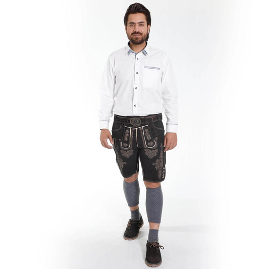 Black leather lederhosen shorts with ornate gold embroidery, belt buckle, and front trim.