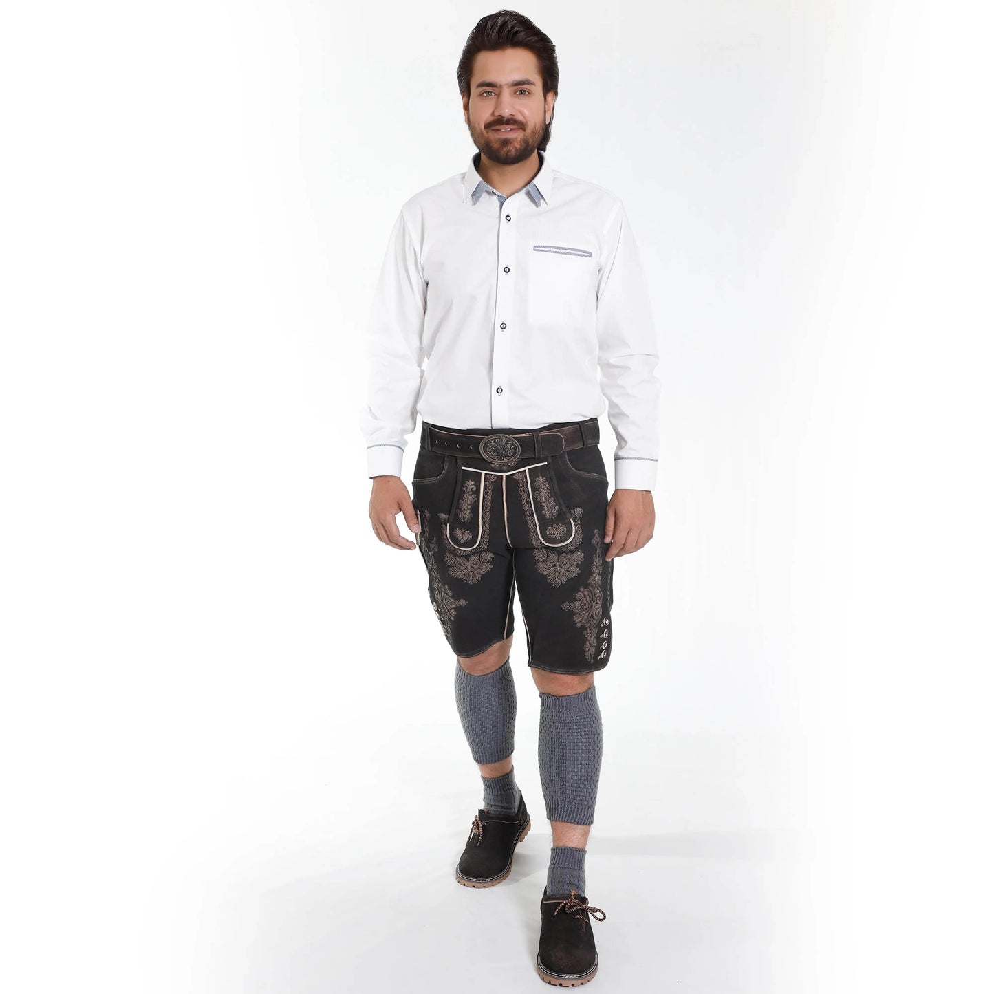 Men's dark lederhosen shorts with ornate panels, worn with a belt and socks.