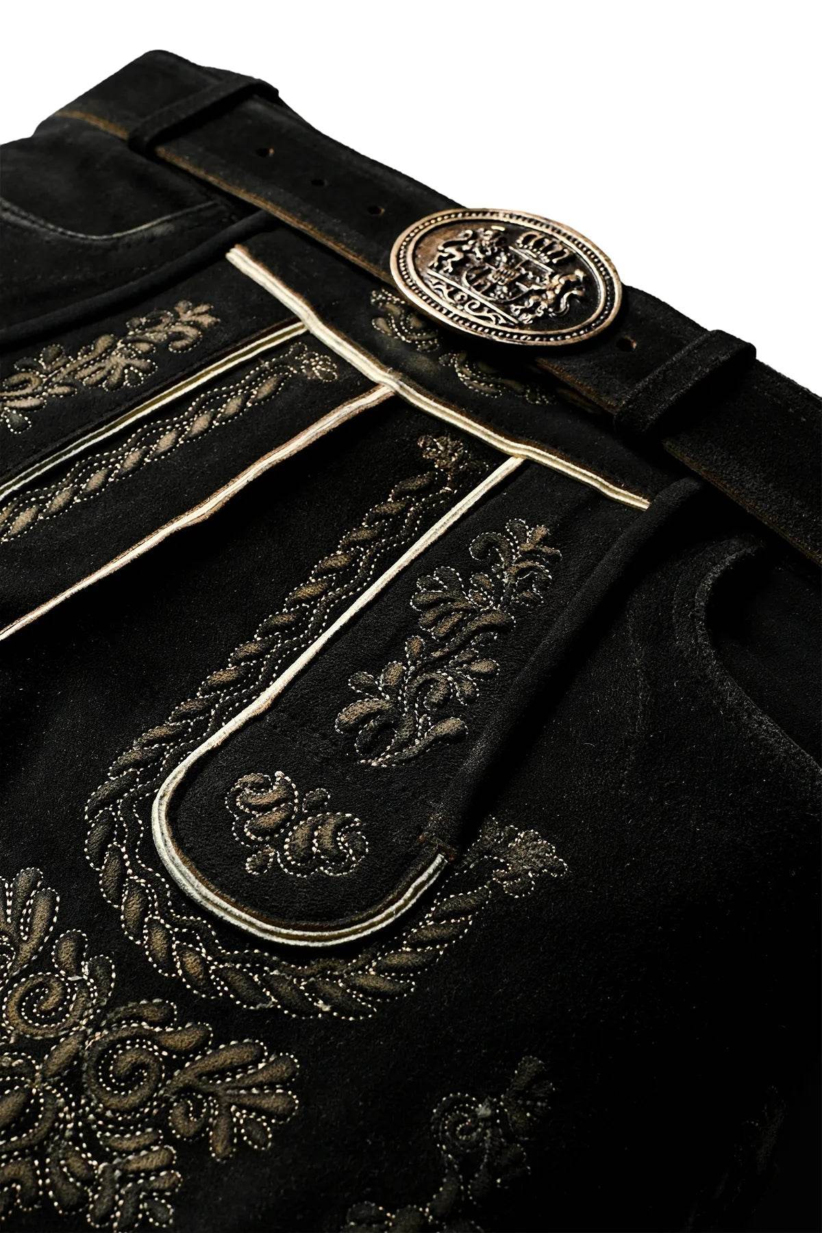 Men's dark lederhosen shorts with embossed medallion belt and gold decorative trim.