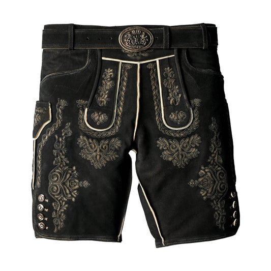 Men's dark suede lederhosen shorts with decorative gold embroidery and belt buckle.