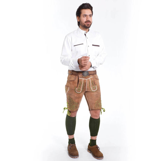Brown leather short lederhosen for men with green embroidery and brown leather belt
