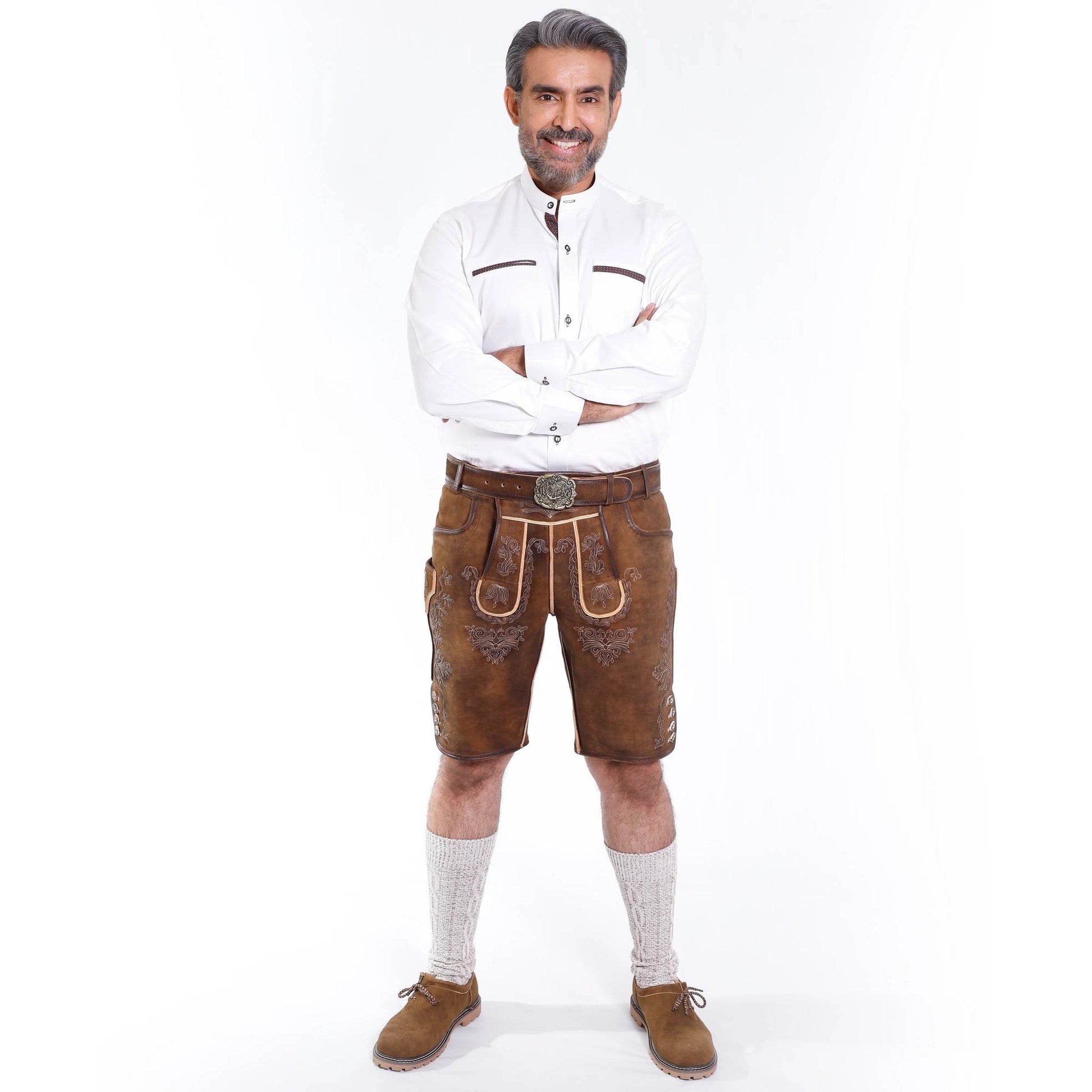 Brown short leather lederhosen with ornate stitching, belt, and traditional button fly