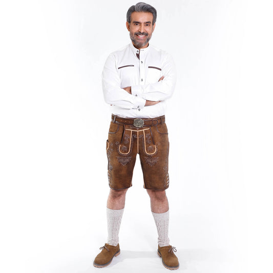 Men's brown traditional lederhosen shorts with embroidered panels and buttoned straps