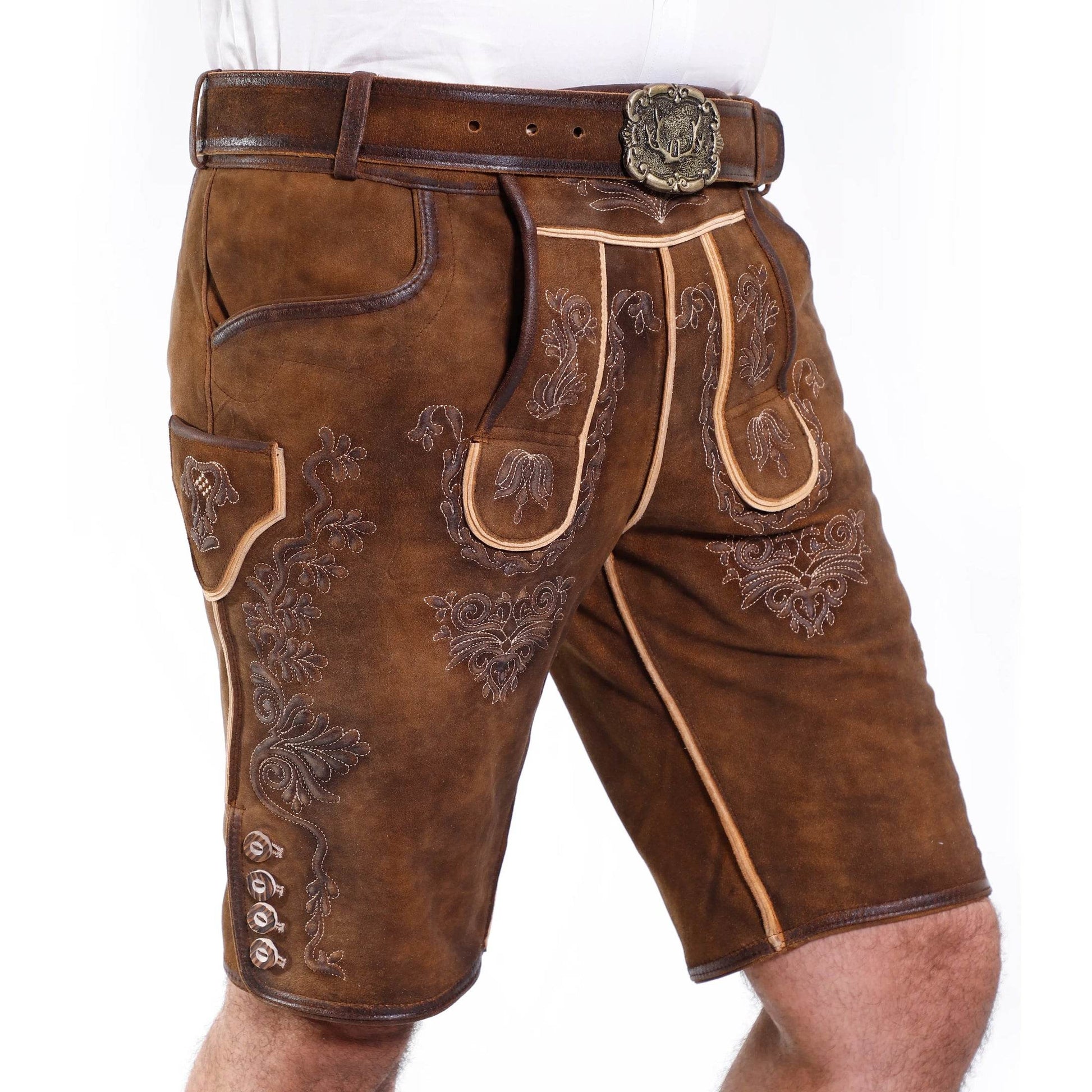 Brown short leather lederhosen with embroidered motifs, side pockets, and decorative piping