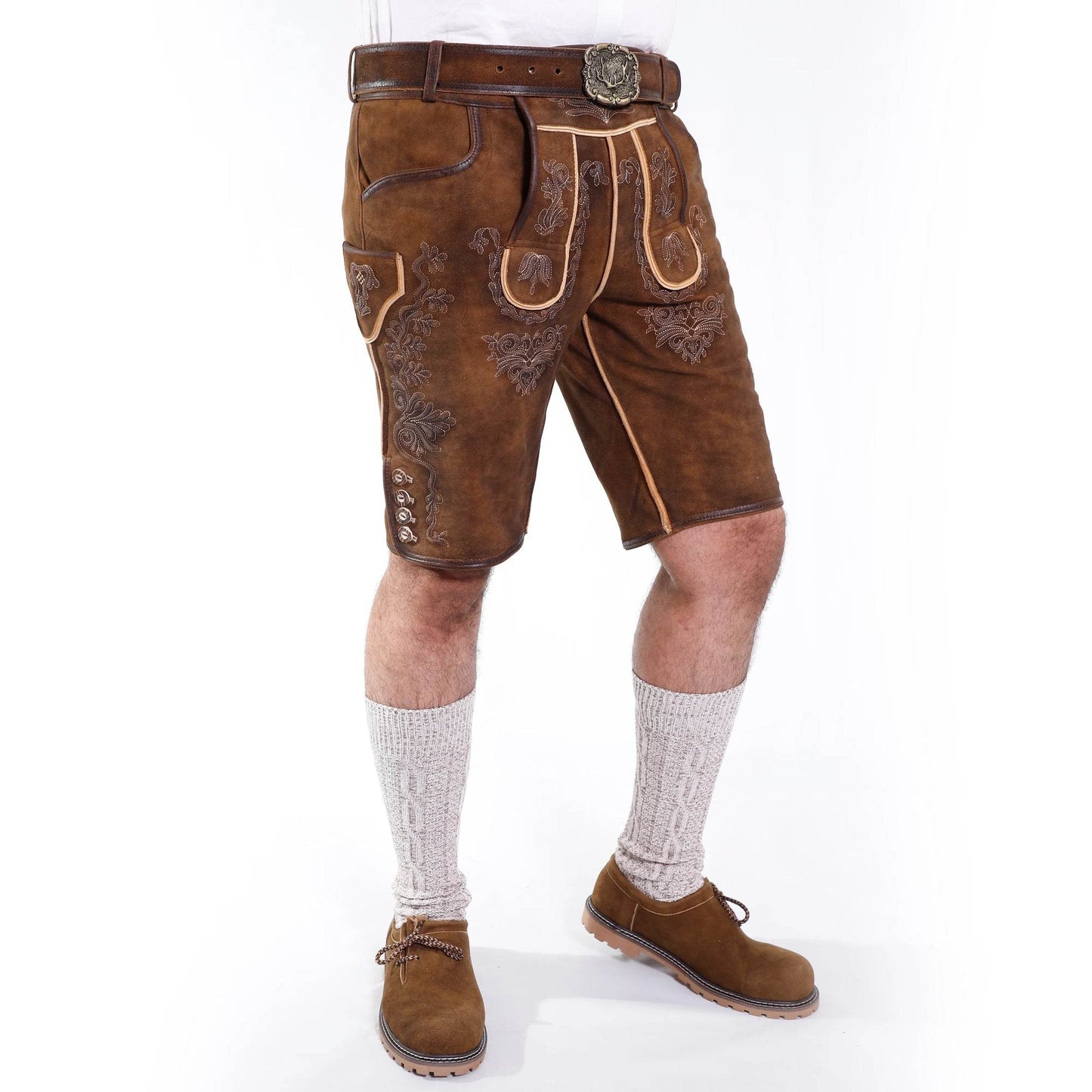 Brown short leather lederhosen with engraved belt buckle and embroidered leg panels
