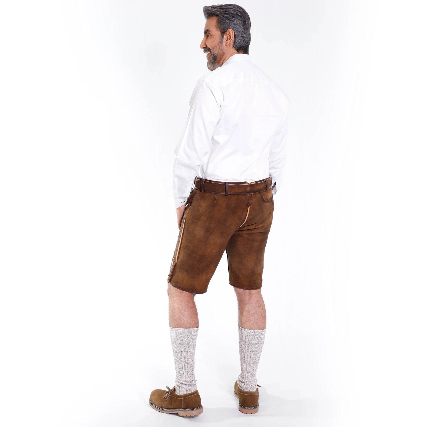 Brown short leather lederhosen with belt and embroidered motifs on thigh panels