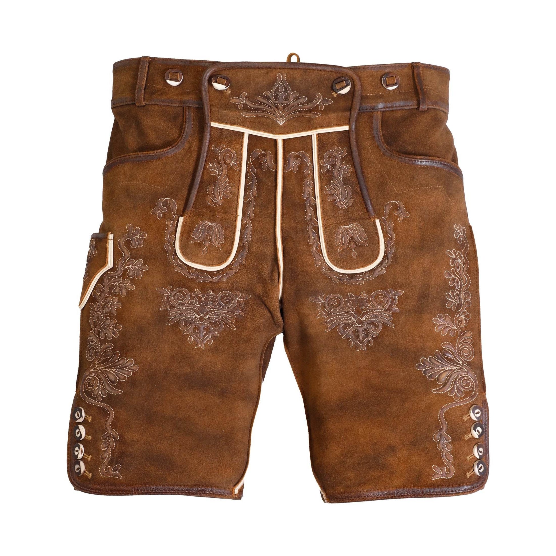 Brown short leather lederhosen for men with ornate embroidered panels and decorative trim