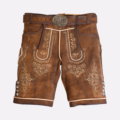 Männer Lederhose kurz mit gesticktem Hirschsymbol - Lederhose Herren
