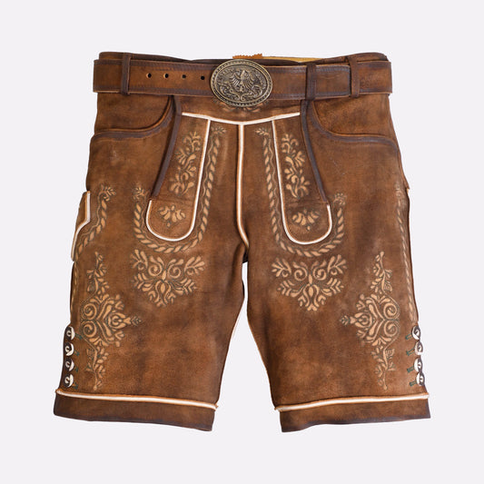 Männer Lederhose kurz mit gesticktem Hirschsymbol - Lederhose Herren