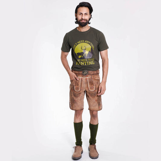Men’s brown suede short leather trousers with ornate embroidery, belt buckle, and side trim