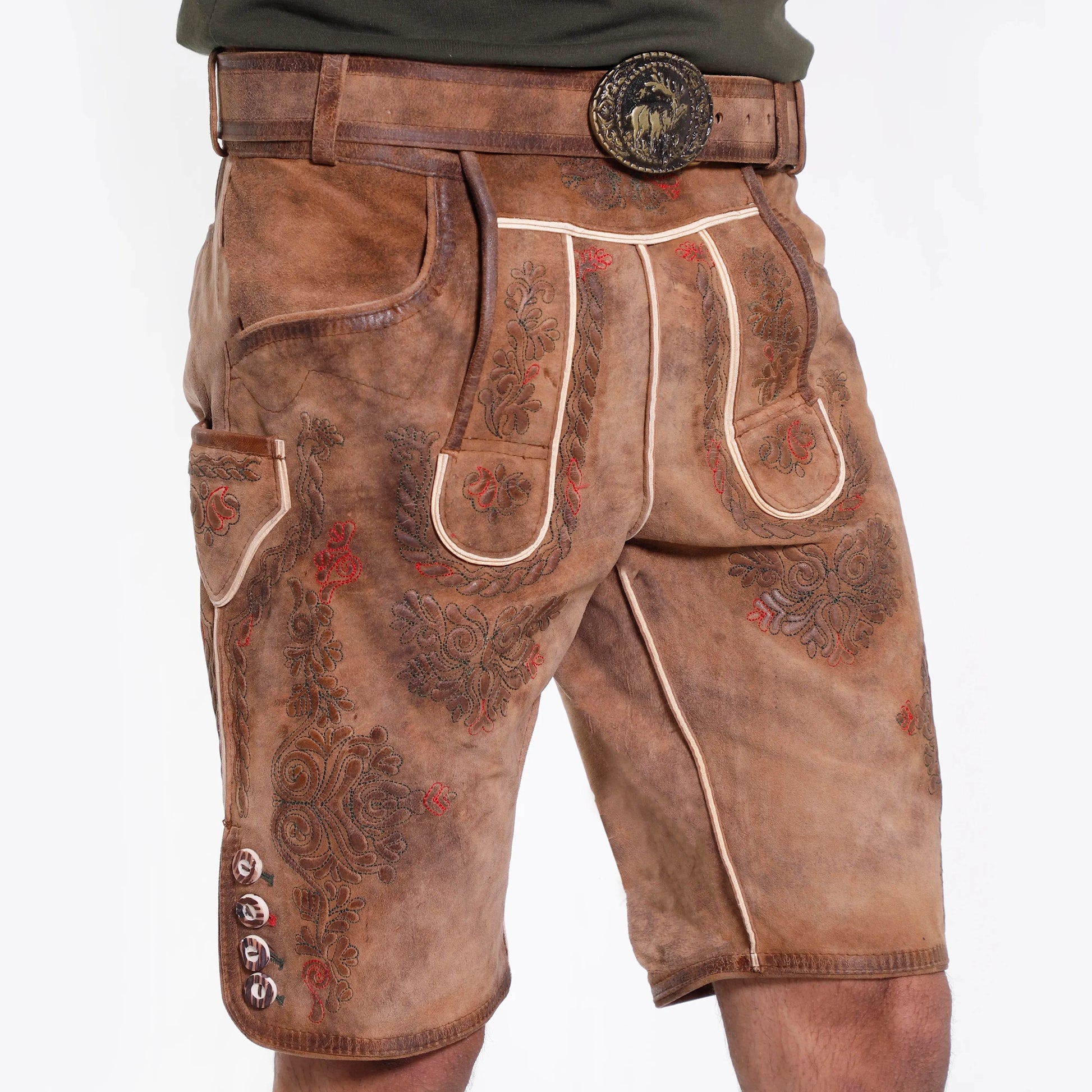 Kurze Lederhose Herren Tracht mit Latz und klassischer Stickerei - Lederhose Herren