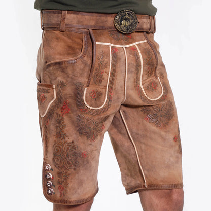 Kurze Lederhose Herren Tracht mit Latz und klassischer Stickerei - Lederhose Herren