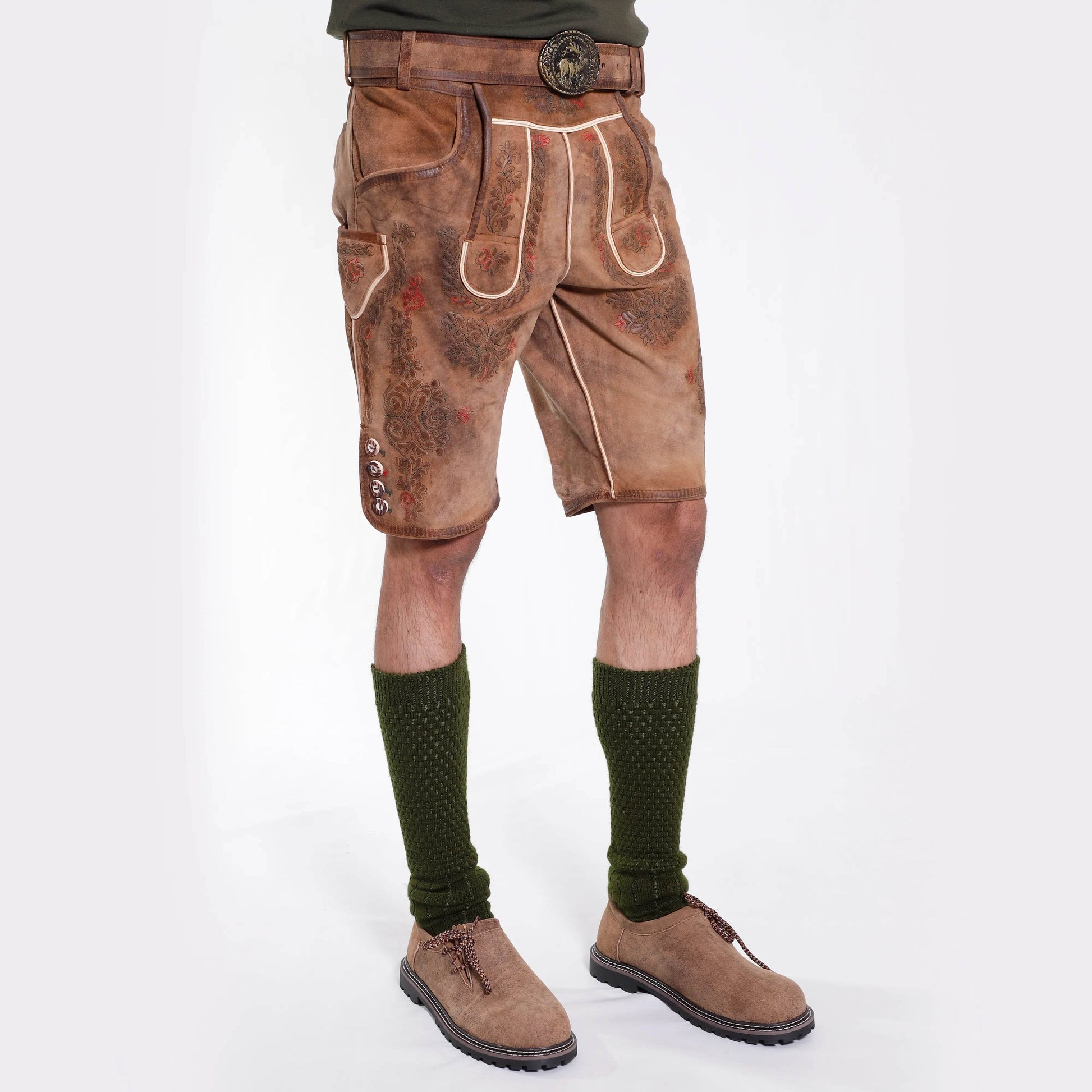 Kurze Lederhose Herren Tracht mit Latz und klassischer Stickerei - Lederhose Herren