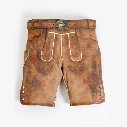 Kurze Lederhose Herren Tracht mit Latz und klassischer Stickerei - Lederhose Herren