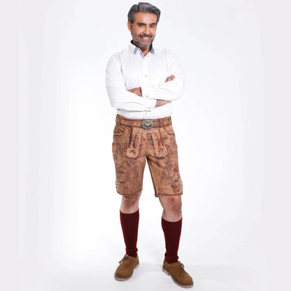 Bayerische Kurz Trachtenlederhose mit Stickerei und Latz - Lederhose Herren