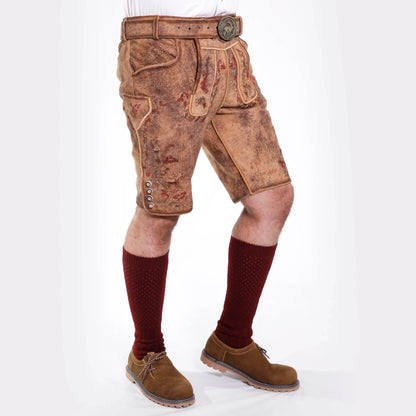 Bayerische Kurz Trachtenlederhose mit Stickerei und Latz - Lederhose Herren