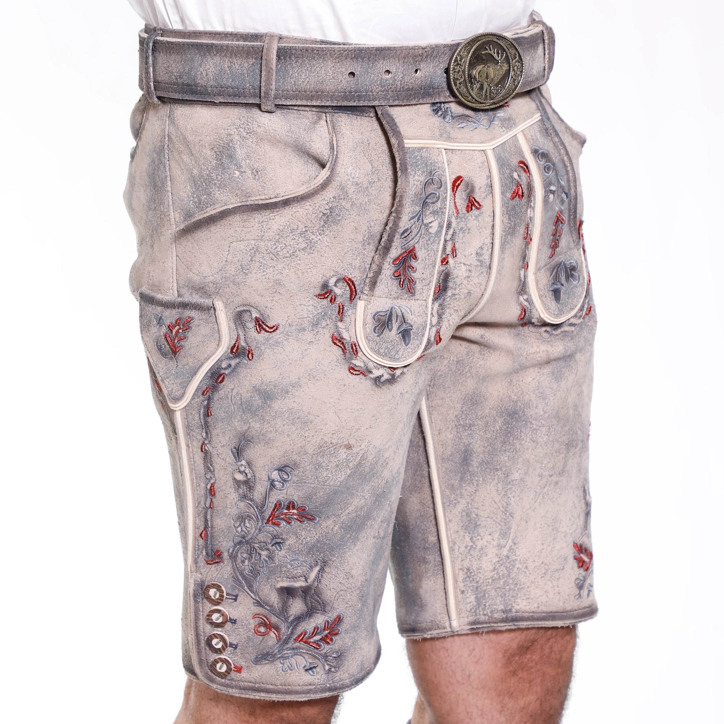 Mens short leather lederhosen, light gray, close-up of colorful embroidery and belt