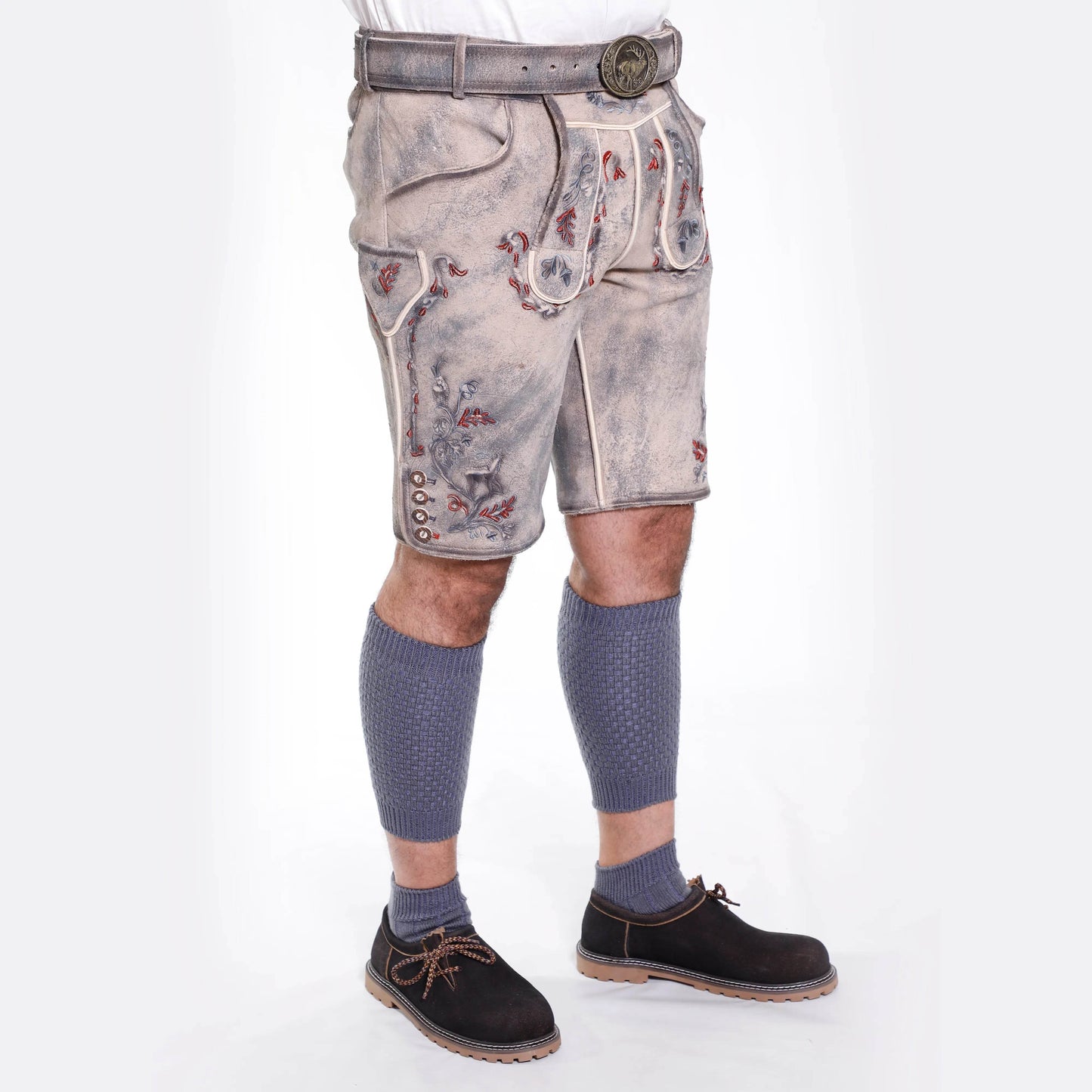 Mens short leather lederhosen in light gray with embroidered details and side pockets