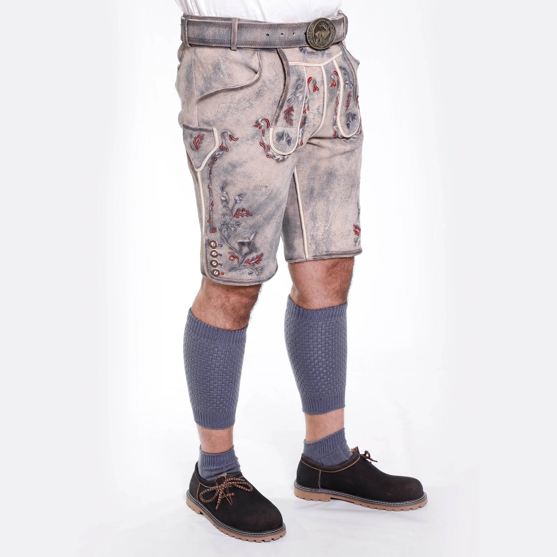 Mens short leather lederhosen in light gray with embroidered details and side pockets