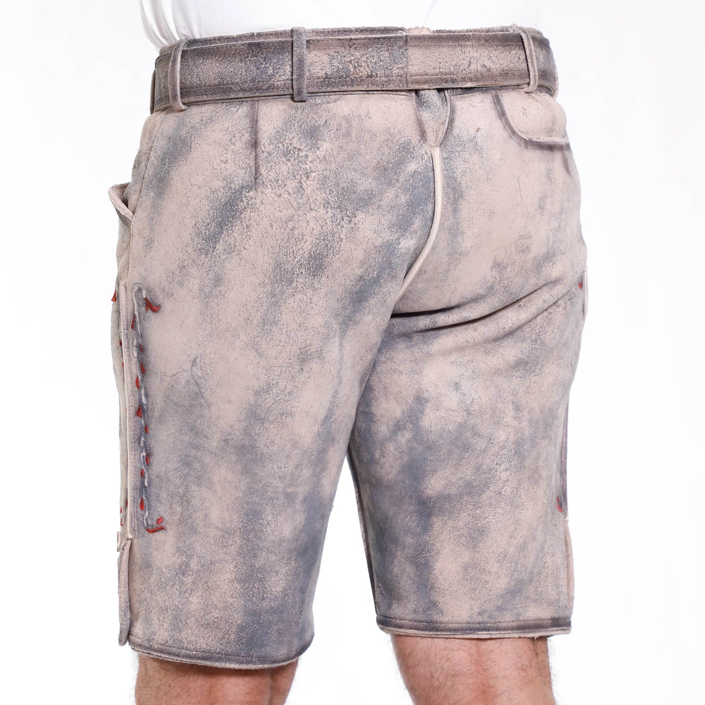 Mens short leather lederhosen back view in light gray with embroidered trim at sides