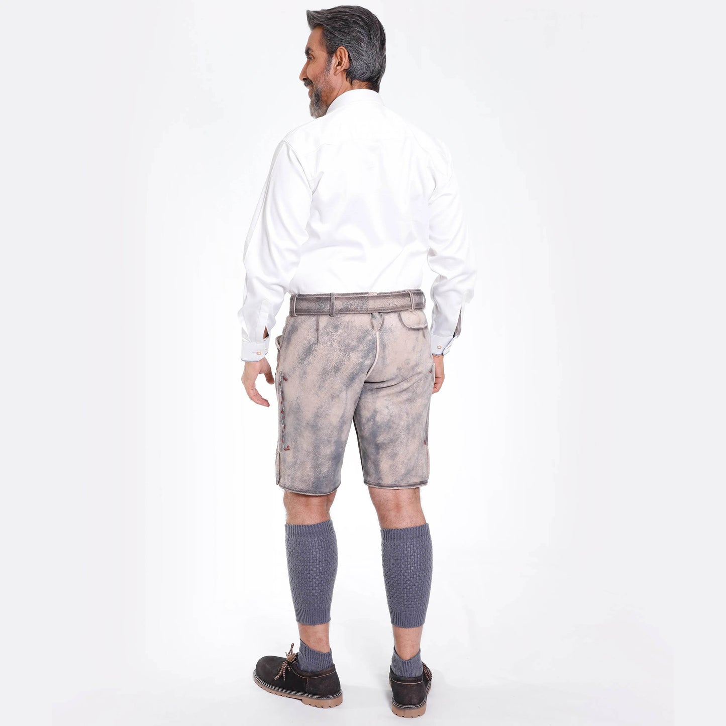 Mens short leather lederhosen from back view, light gray with embroidered details and belt