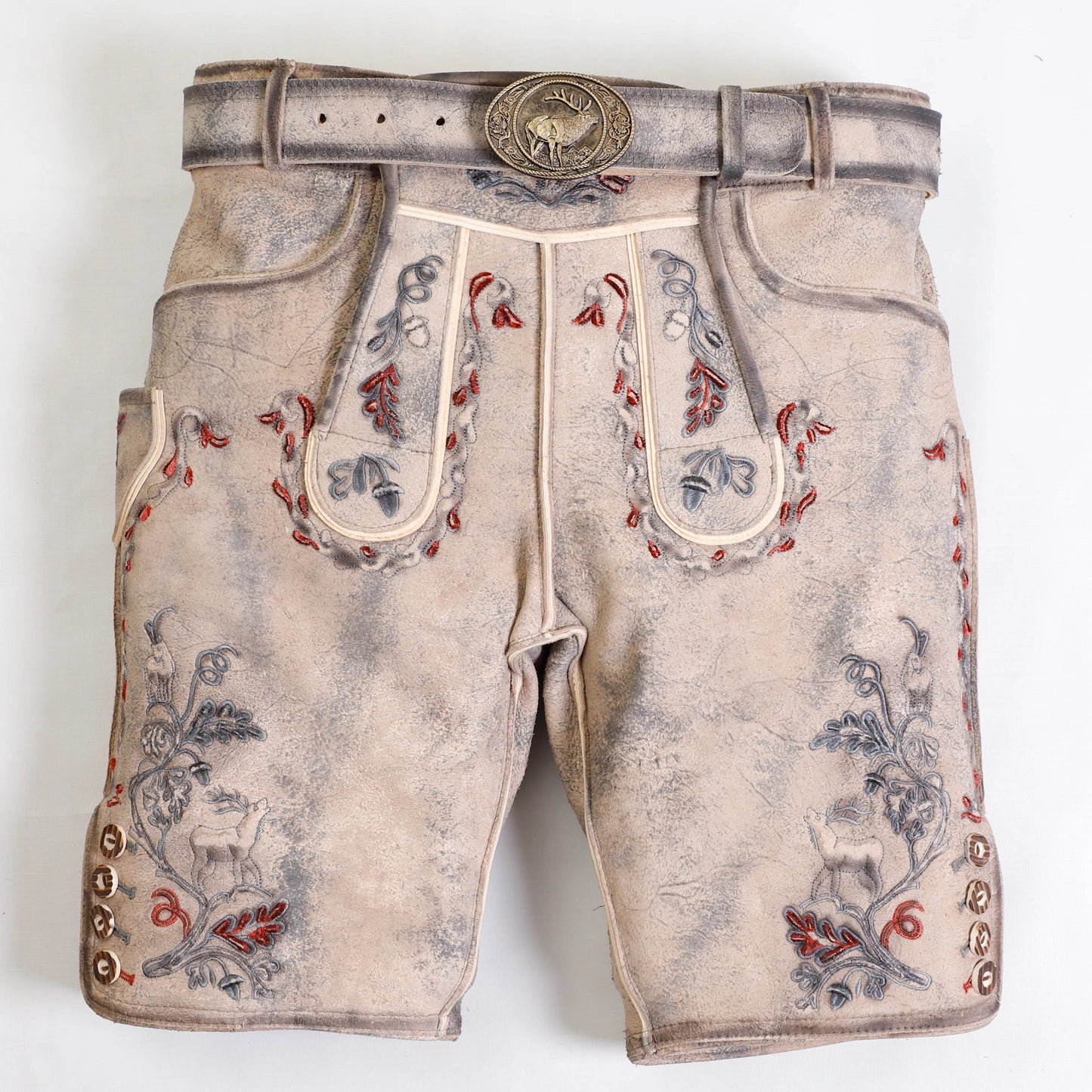 Mens short leather lederhosen in light gray with colorful embroidered panels and belt