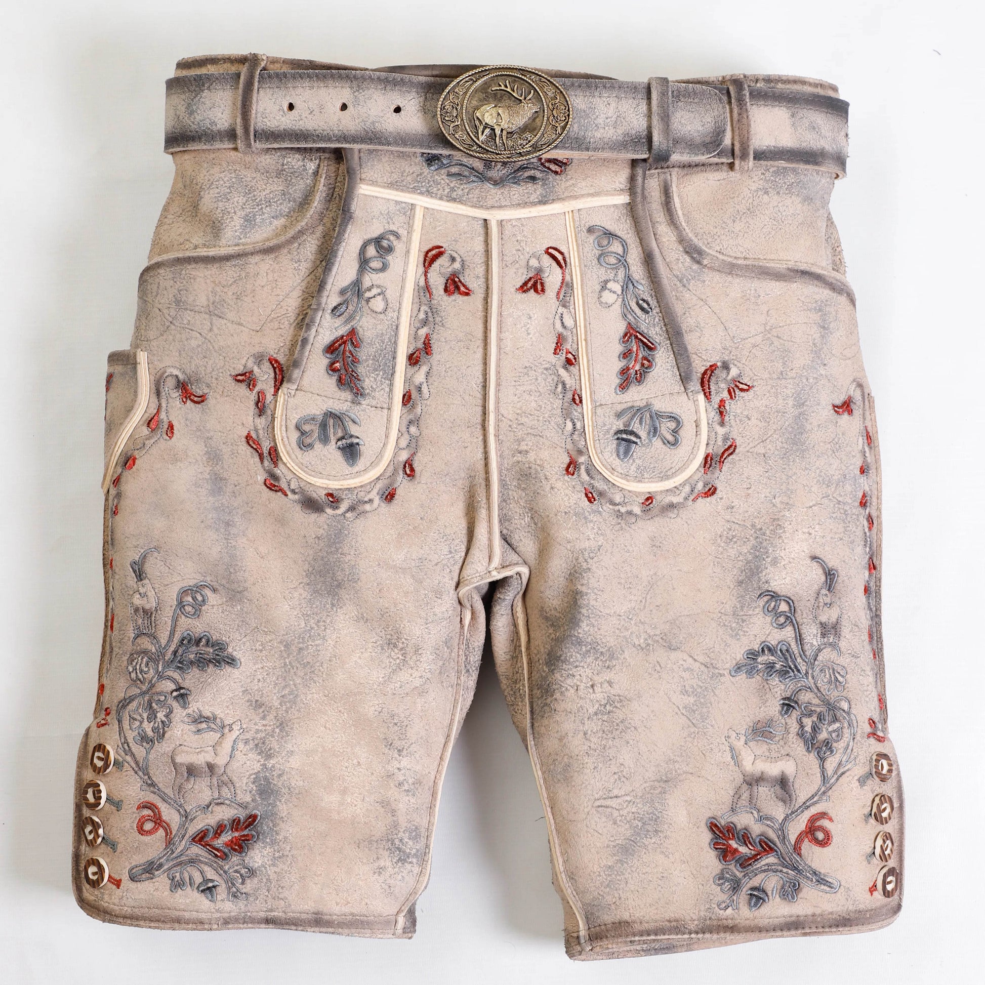 Mens short leather lederhosen in light gray with colorful embroidered panels and belt