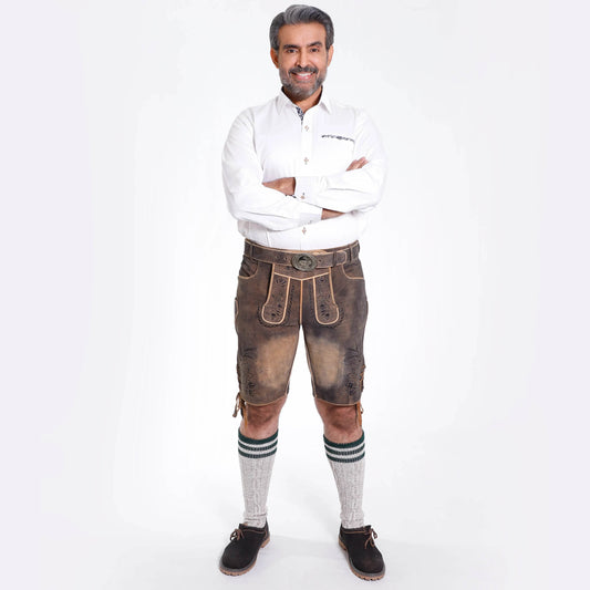 Brown suede lederhosen with deer motif, embroidered panels, leather belt buckle, leg ties