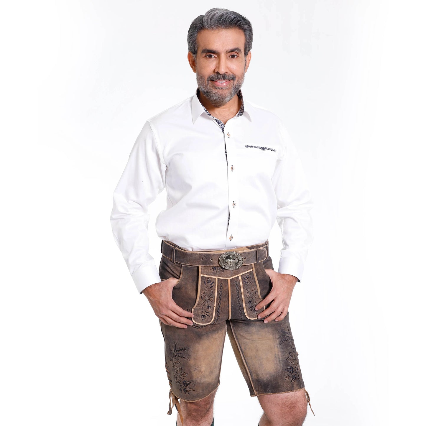 Brown leather short lederhosen with decorative side embroidery and center belt buckle
