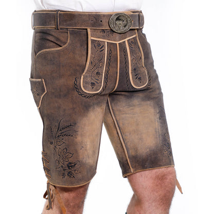 Zünftige Kurz Herren Lederhose aus Wildleder mit Hirschmotiv - Lederhose Herren