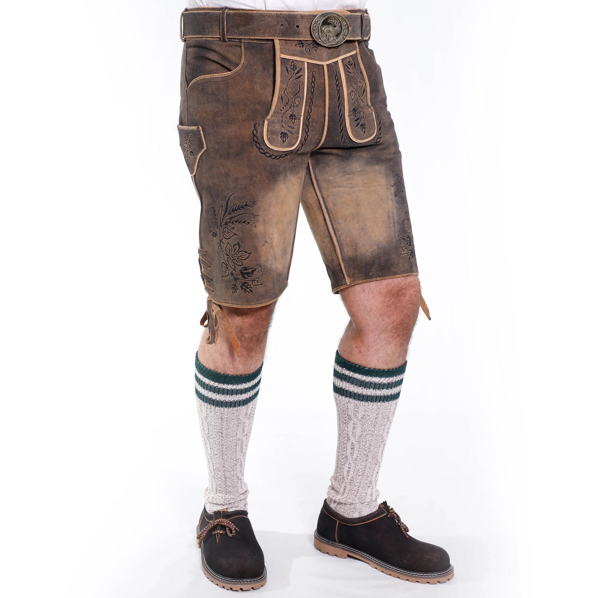 Brown short leather lederhosen with belt, embroidered legs, and lace-up hem ties