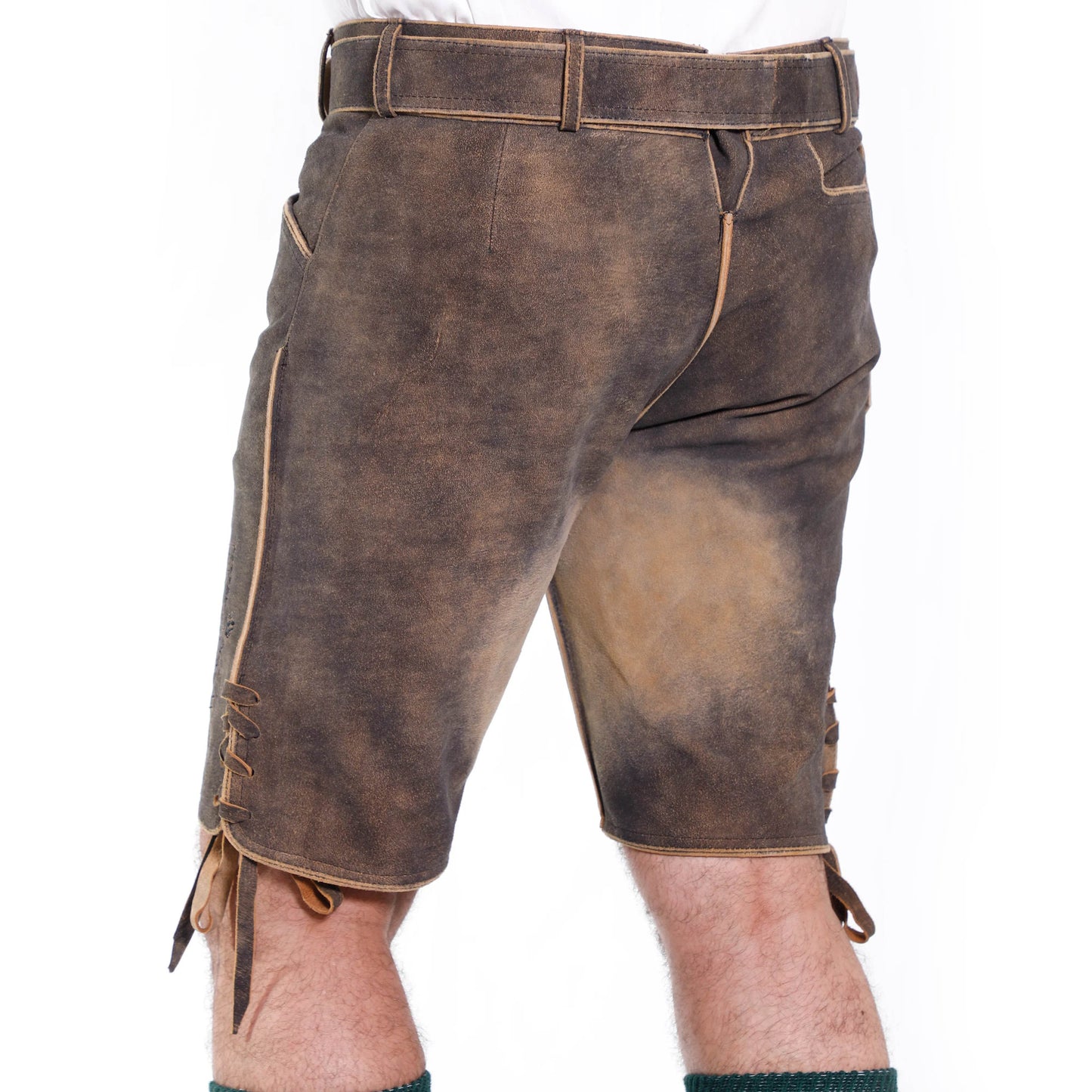Back view of brown short leather lederhosen with belt, seam pockets, and hem ties