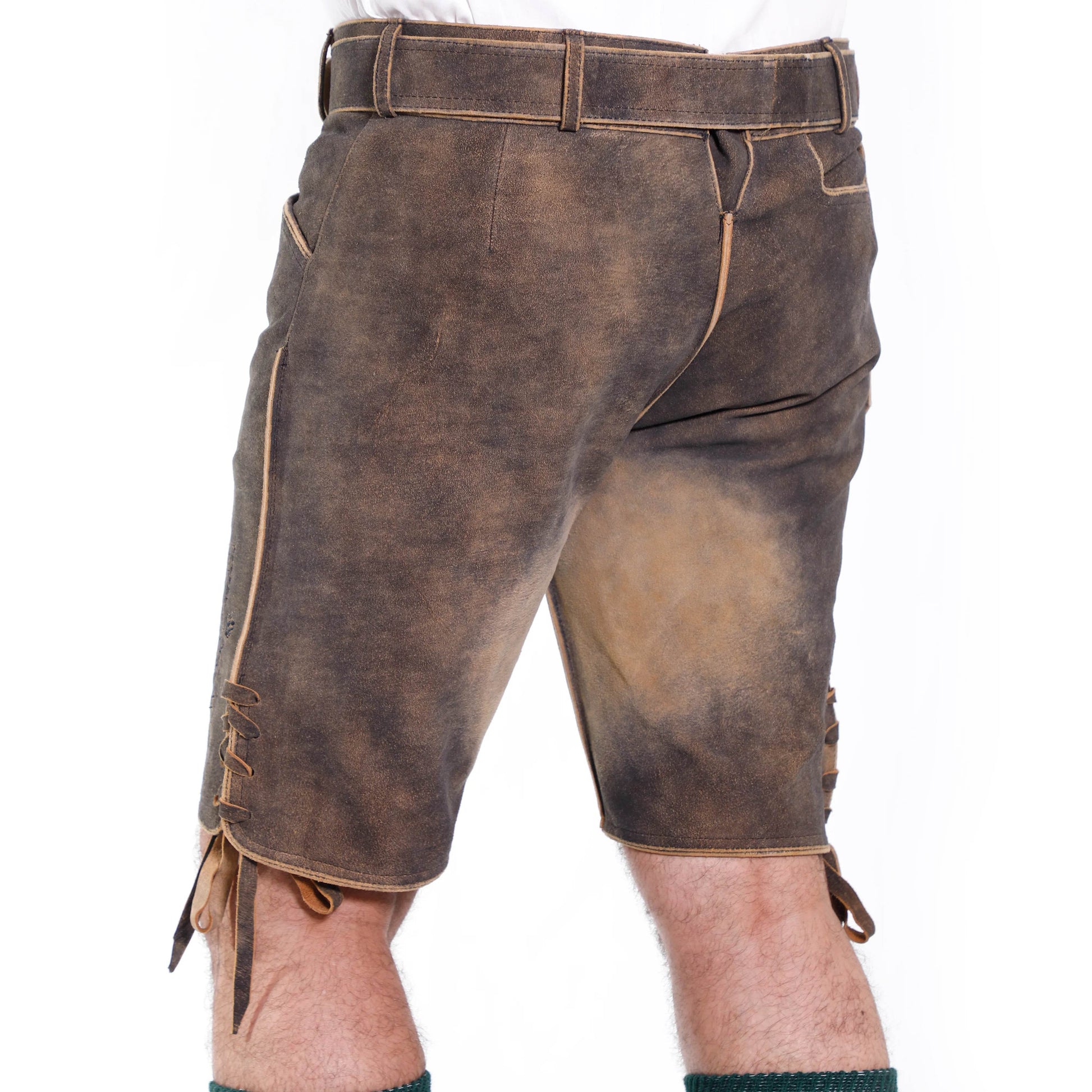 Back view of brown short leather lederhosen with belt, seam pockets, and hem ties