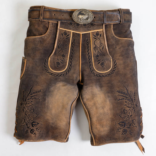 Zünftige Kurz Herren Lederhose aus Wildleder mit Hirschmotiv - Lederhose Herren