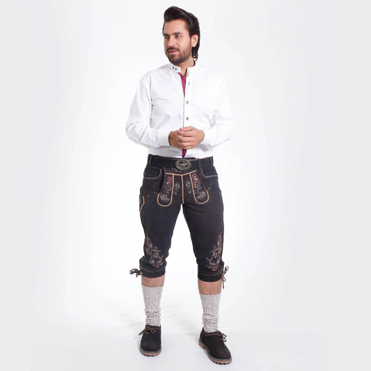 Dark brown lederhosen with decorative embroidery, belt buckle, and lace-tie knee cuffs.